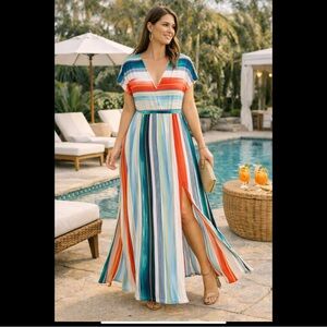 BCBGMaxAzria Wedding Beach Multicolor Striped Maxi Resort Dress